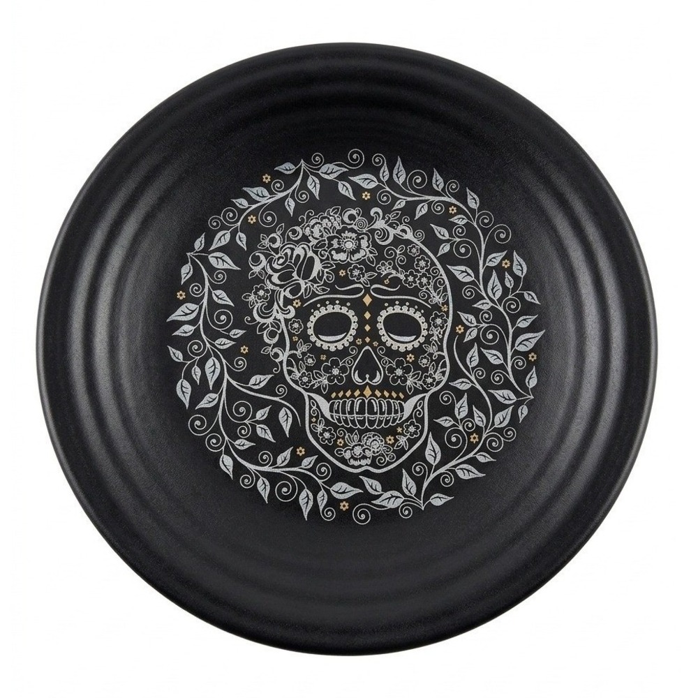 Fiesta Skull and Vine Black Sugar Skull Luncheon Plate Halloween Day of the Dead